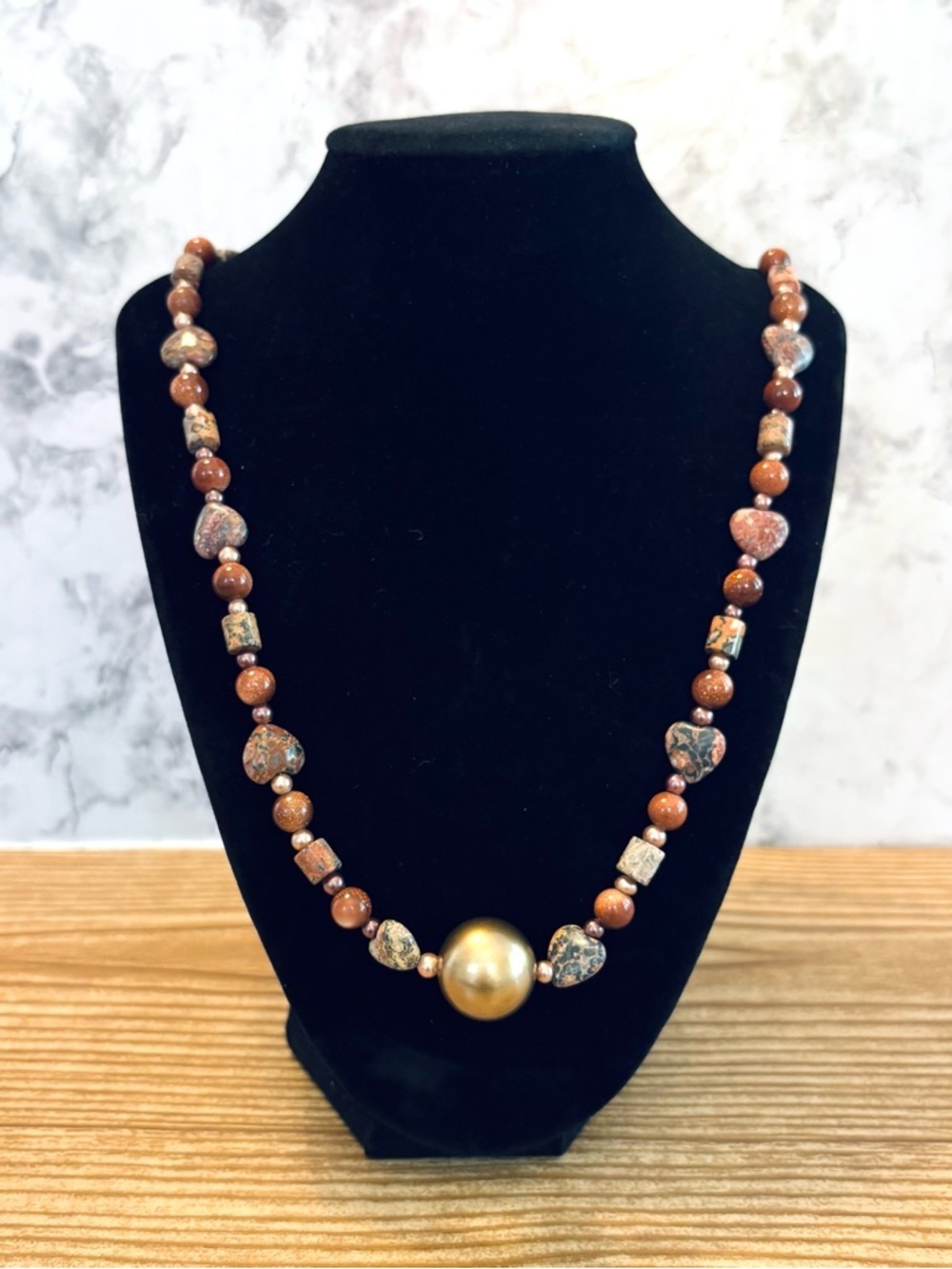 Handmade Jasper Natural Gemstone Beaded Necklace Red and Gold Tone